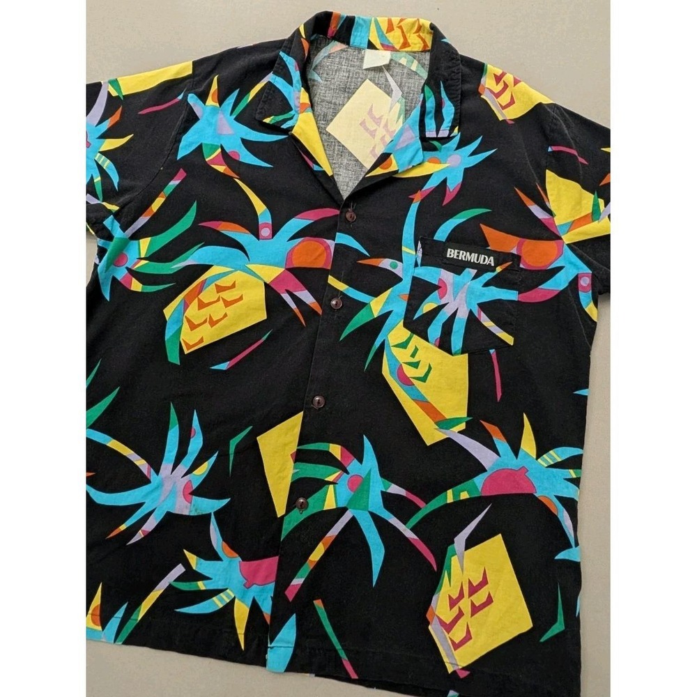 Vtg 80s Bermuda Colorful Abstract Hawaiian Shirt Short Slv Pineapple Sz L Blocky